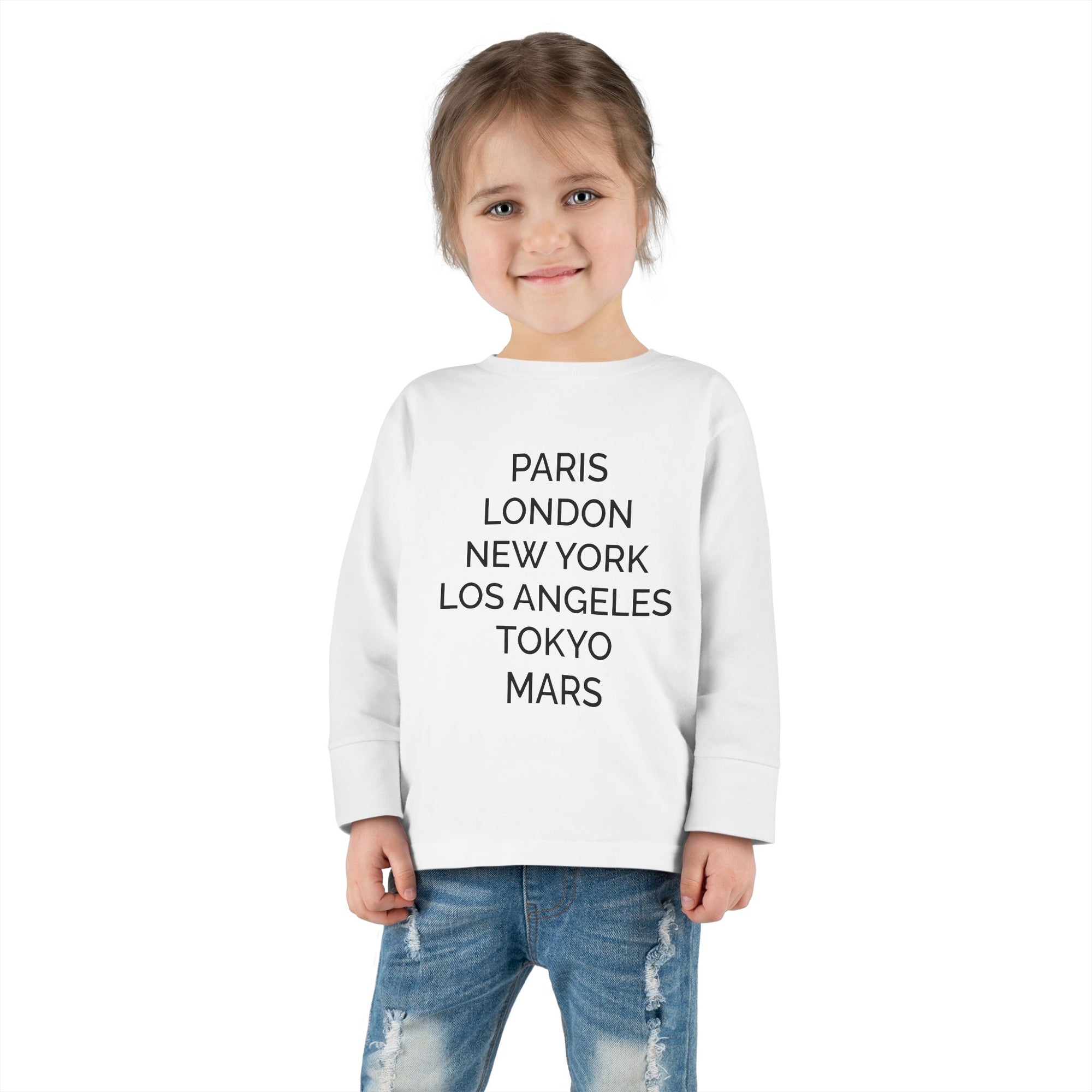 Toddler Long Sleeve Tee — Cities List Graphic (Paris, London, New York, Los Angeles, Tokyo, Mars)