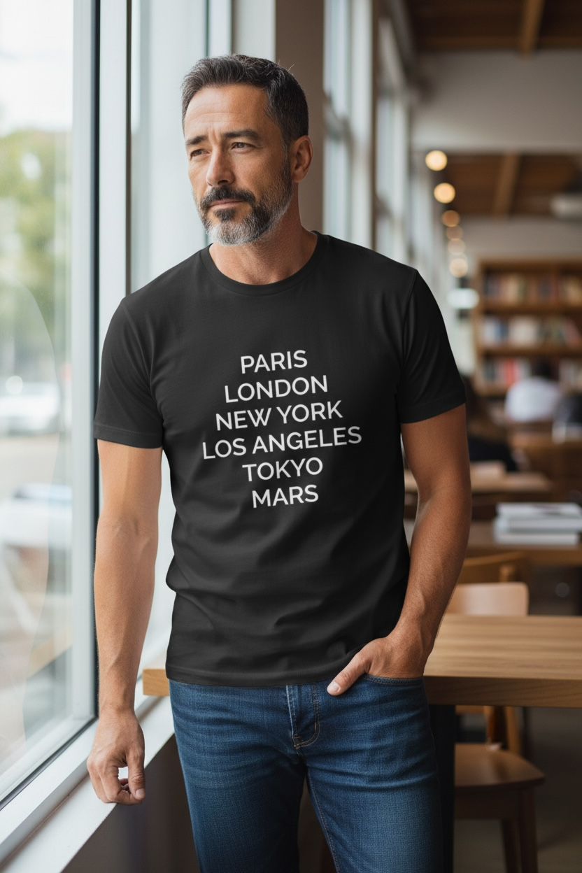 City &amp; Mars Typography T-Shirt — Paris London New York Los Angeles Tokyo Mars